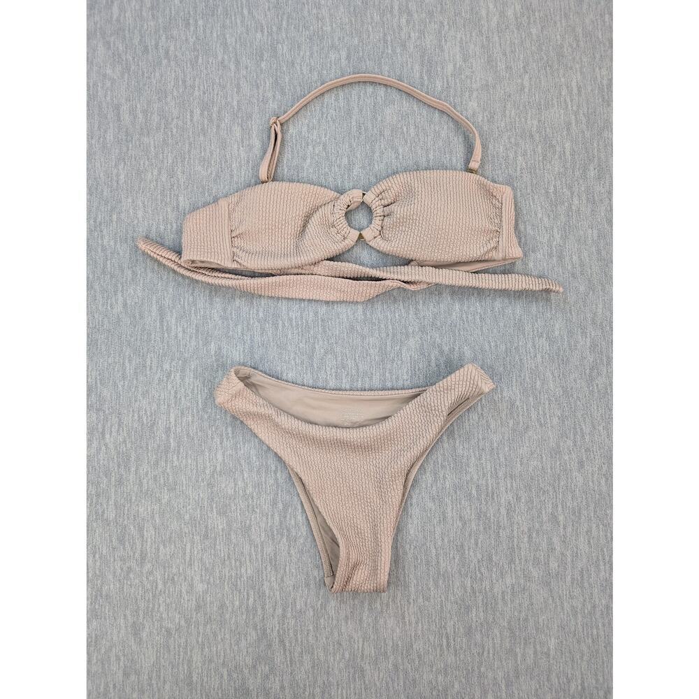 Monday Swimwear Bikini Set Womens P Petite Beige Textured Bandeau Ring Minimal